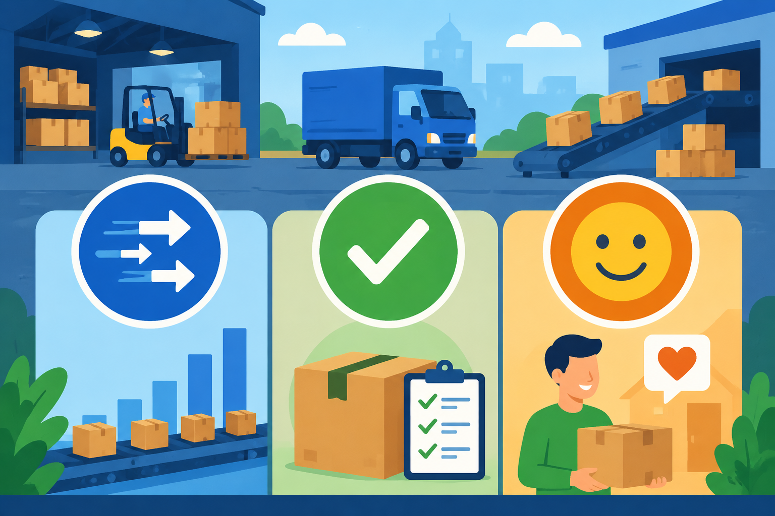 A set of colorful icons representing throughput, accuracy, and customer satisfaction in a logistics environment.