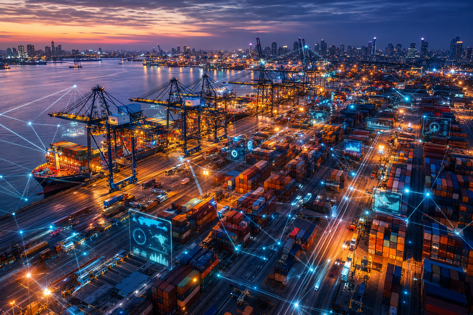 Aerial view of a modern seaport with cranes and containers, featuring digital network overlays and glowing lights to represent resilient IT systems supporting port operations.