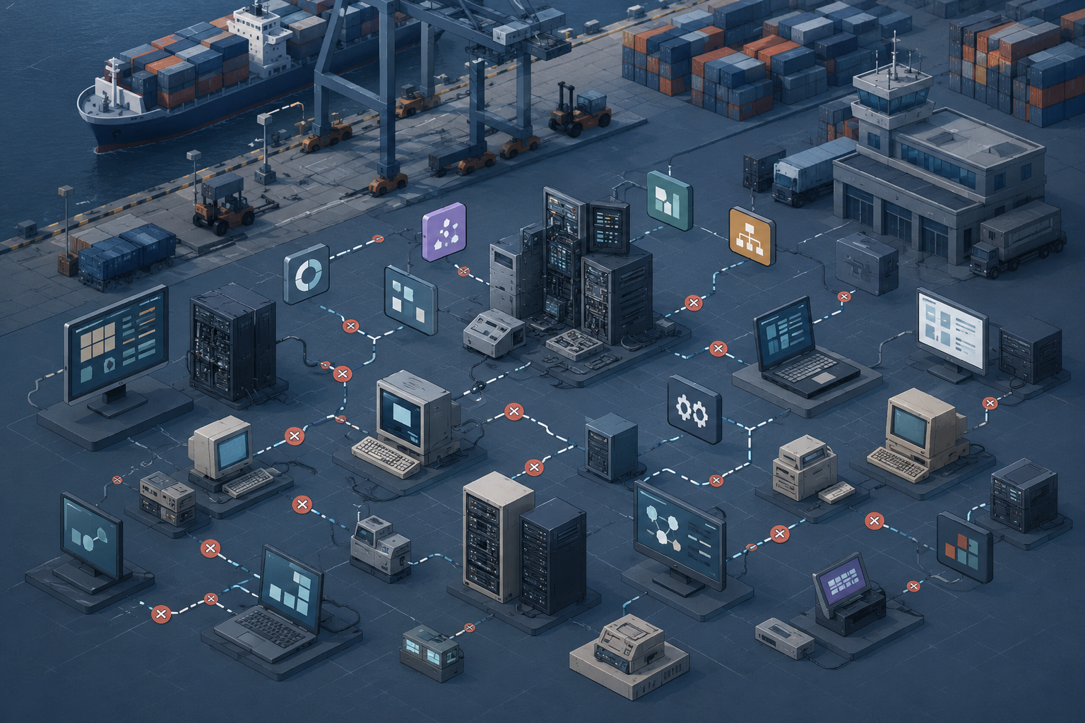 Isometric illustration showing fragmented IT systems in a port, with disconnected servers and outdated devices symbolizing technical debt and lack of integration.