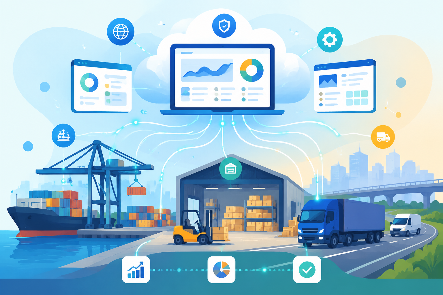Flat vector image of a port terminal, warehouse, and transport system connected by digital lines and cloud icons, illustrating the integration of SaaS platforms.