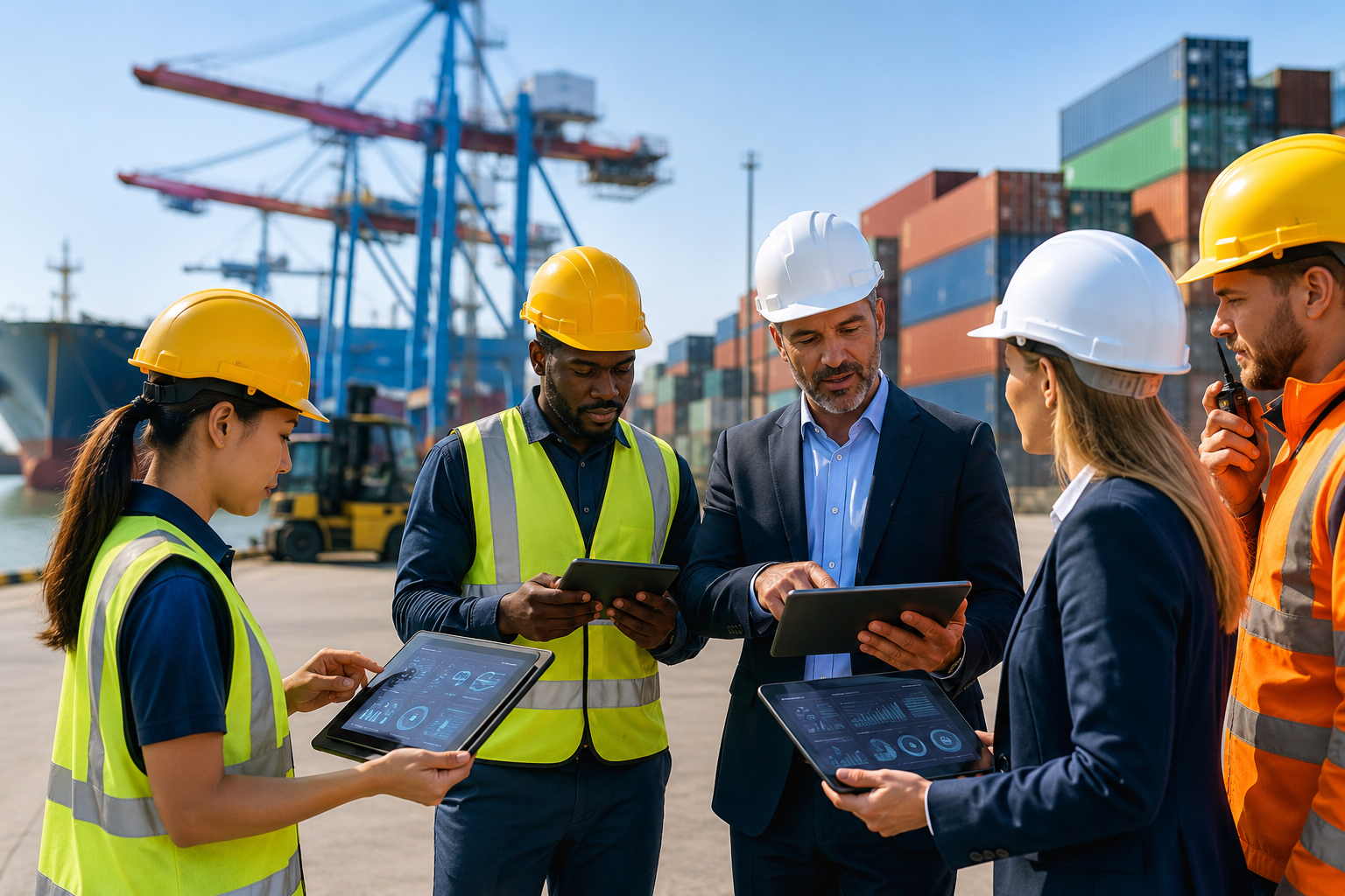 A team of port professionals work together at a busy container terminal, using digital devices among cranes and shipping containers.