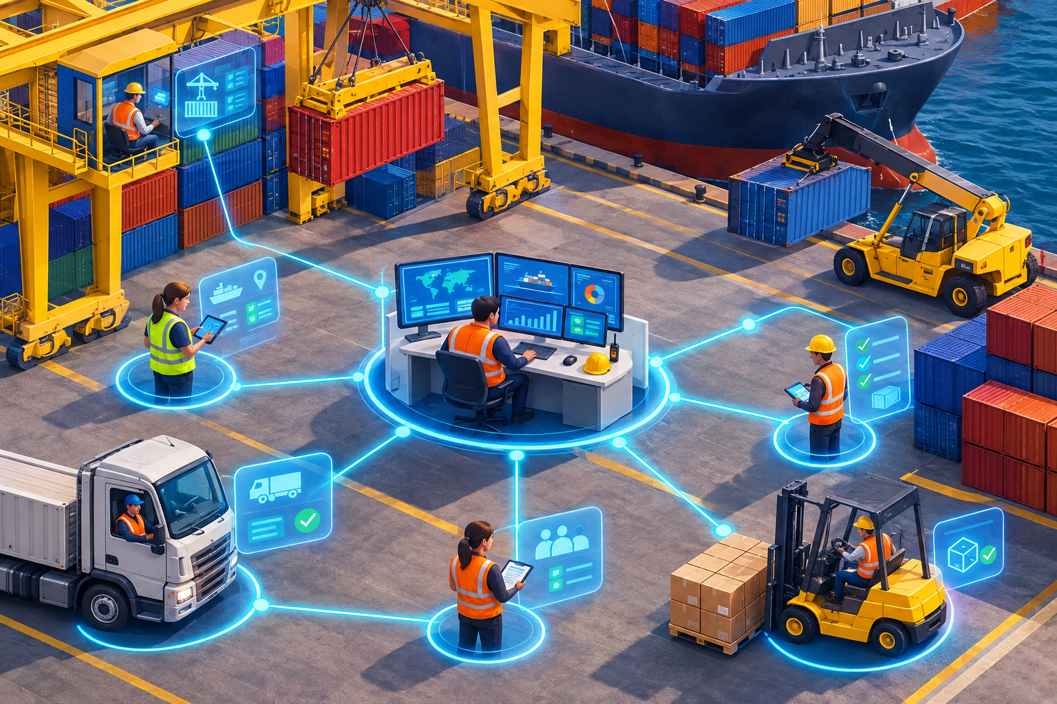 Isometric illustration showing port teams and equipment interconnected by digital lines, symbolizing unified collaboration in terminal operations.
