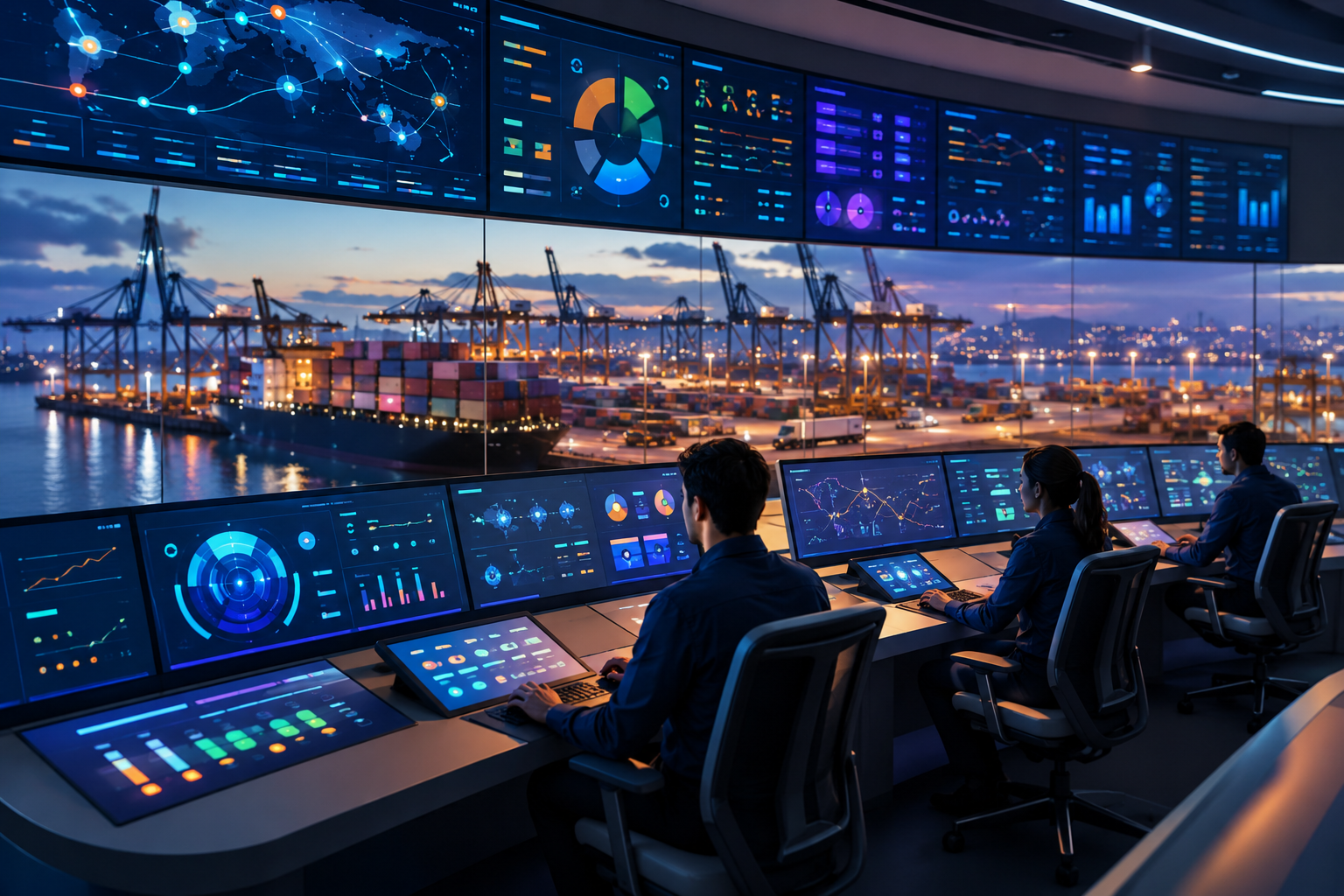 3D render of a port control room with operators viewing abstract digital dashboards and a window overlooking terminal activity, representing integrated communication.