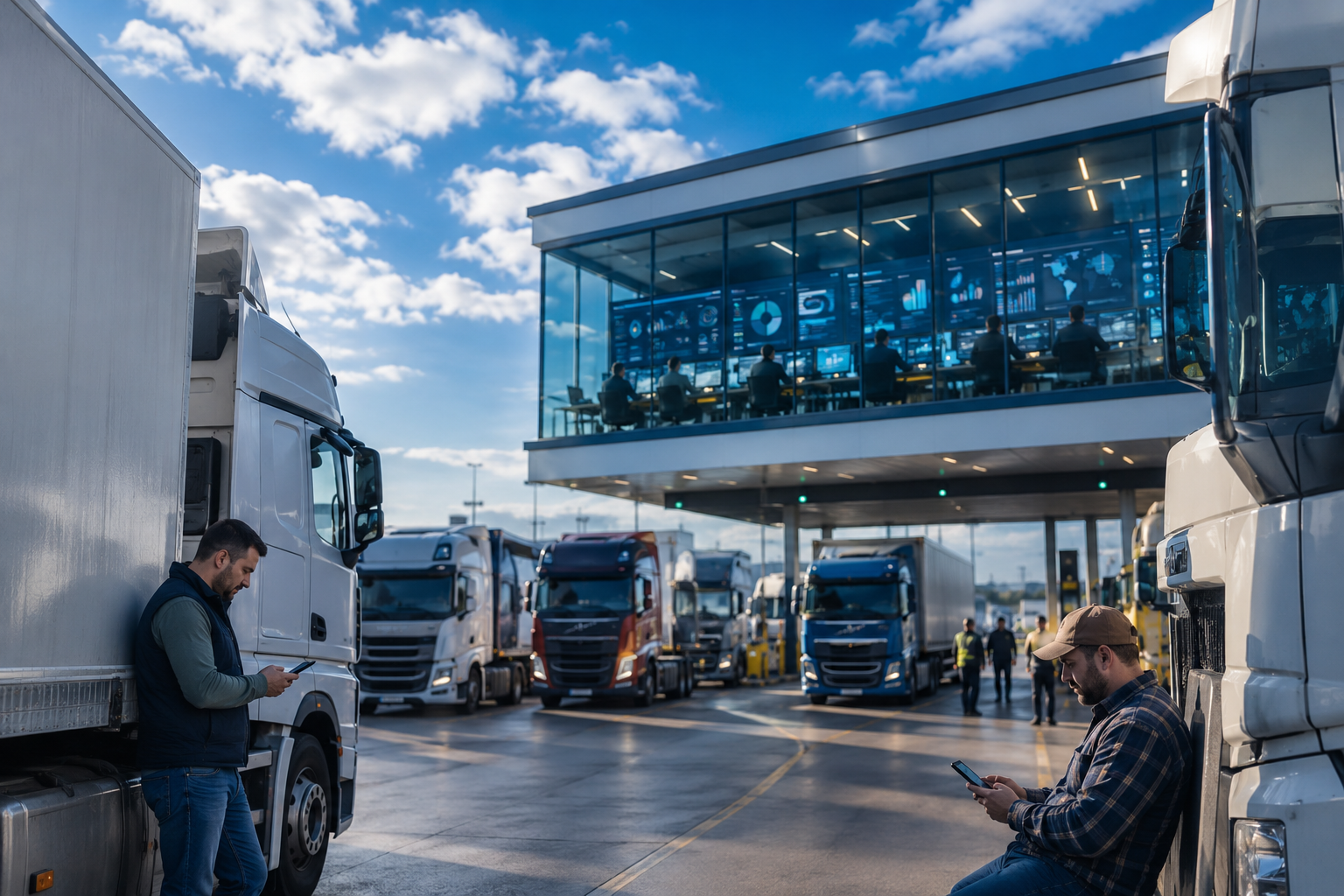 A logistics terminal with trucks waiting in line, drivers nearby, and a modern operations center in the background.