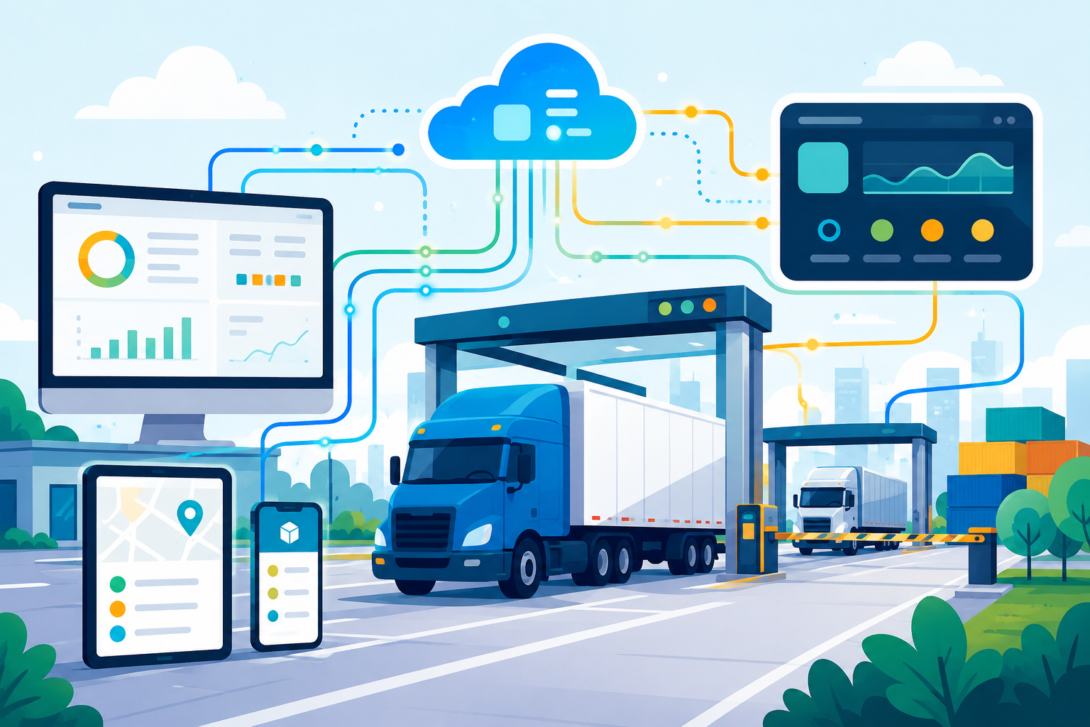 Flat vector illustration of digital devices, moving trucks, and abstract data flows representing efficient SaaS-driven logistics.