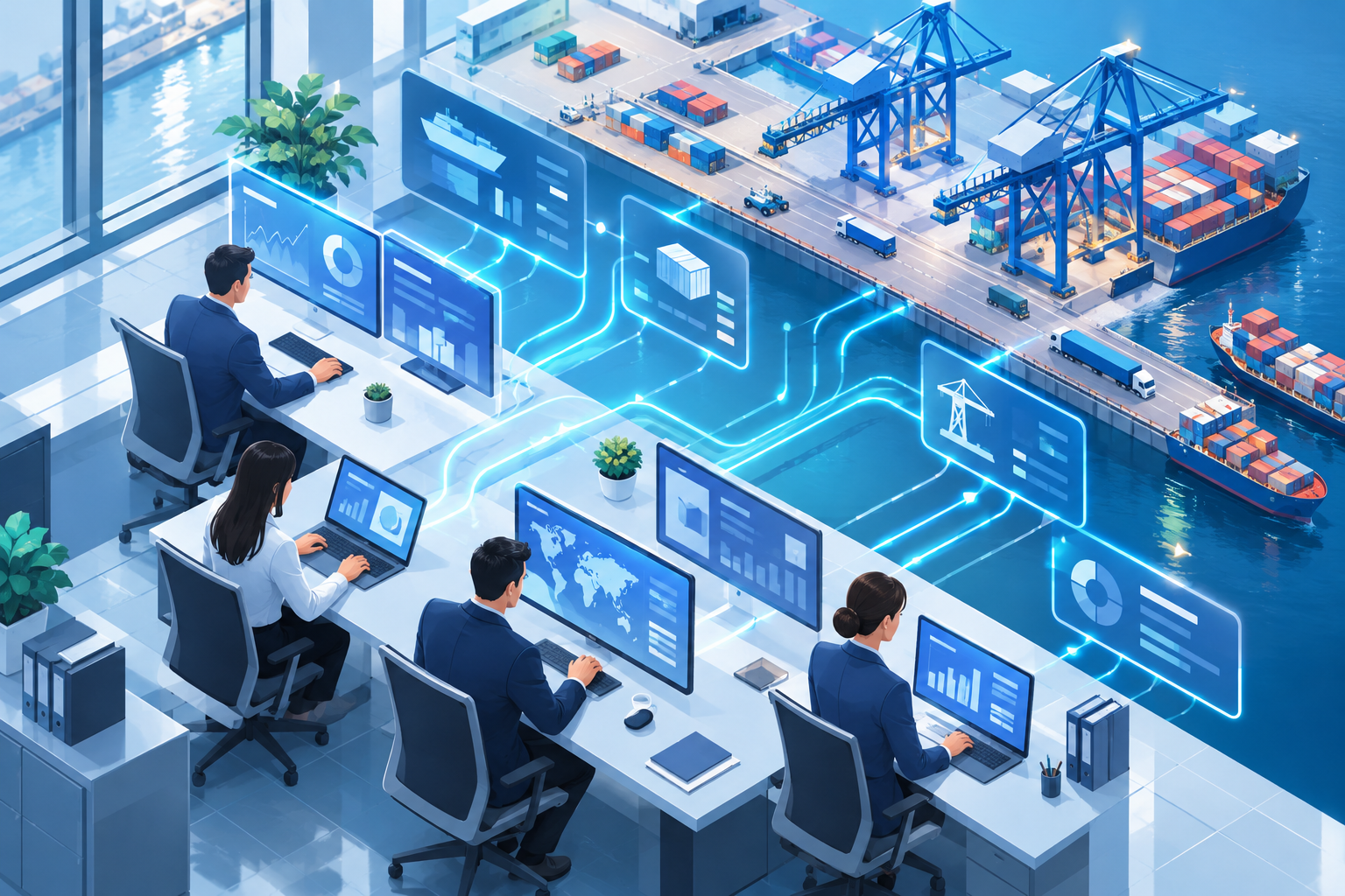Isometric illustration of a finance team at digital workstations with abstract data flows connecting to port infrastructure, symbolizing automation and efficiency.