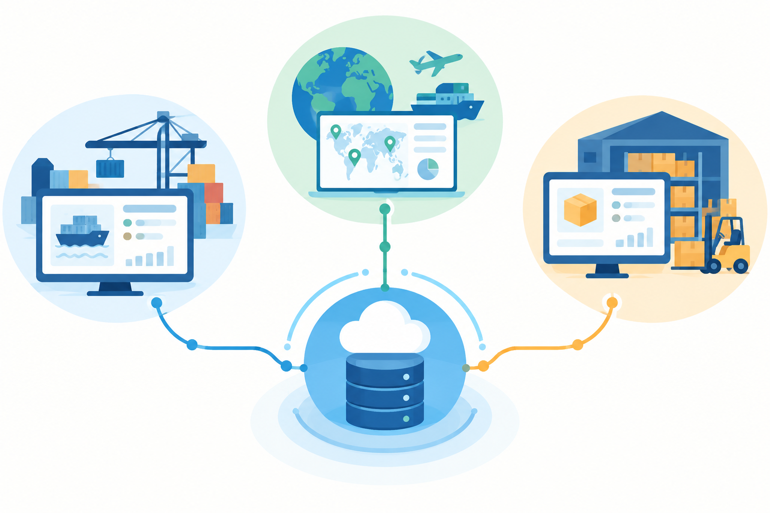 Flat vector illustration of interconnected digital systems with flow lines converging at a central hub, representing integrated data flows.