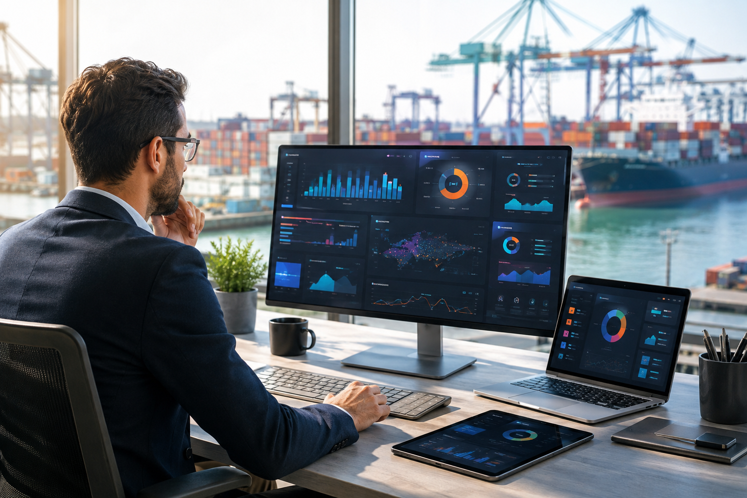 Photorealistic image of a finance professional viewing a digital dashboard with abstract graphs, with a port visible outside the office window.
