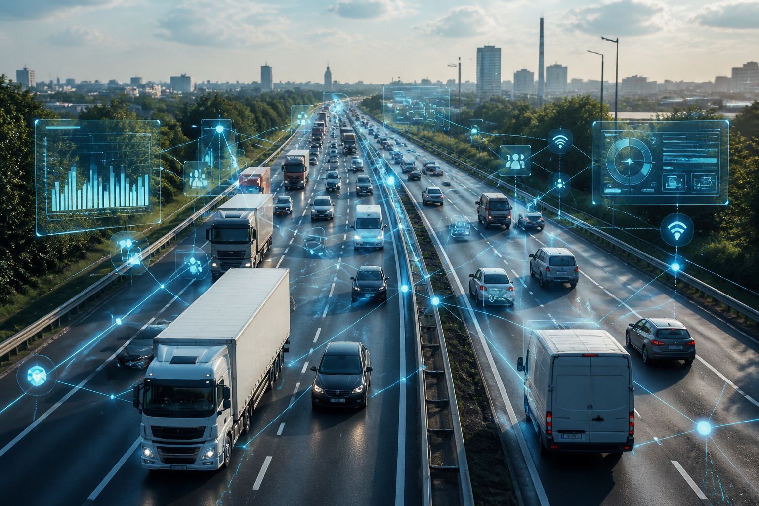 A busy highway with multiple trucks and digital network overlays, representing the intersection of road freight and digitalization.