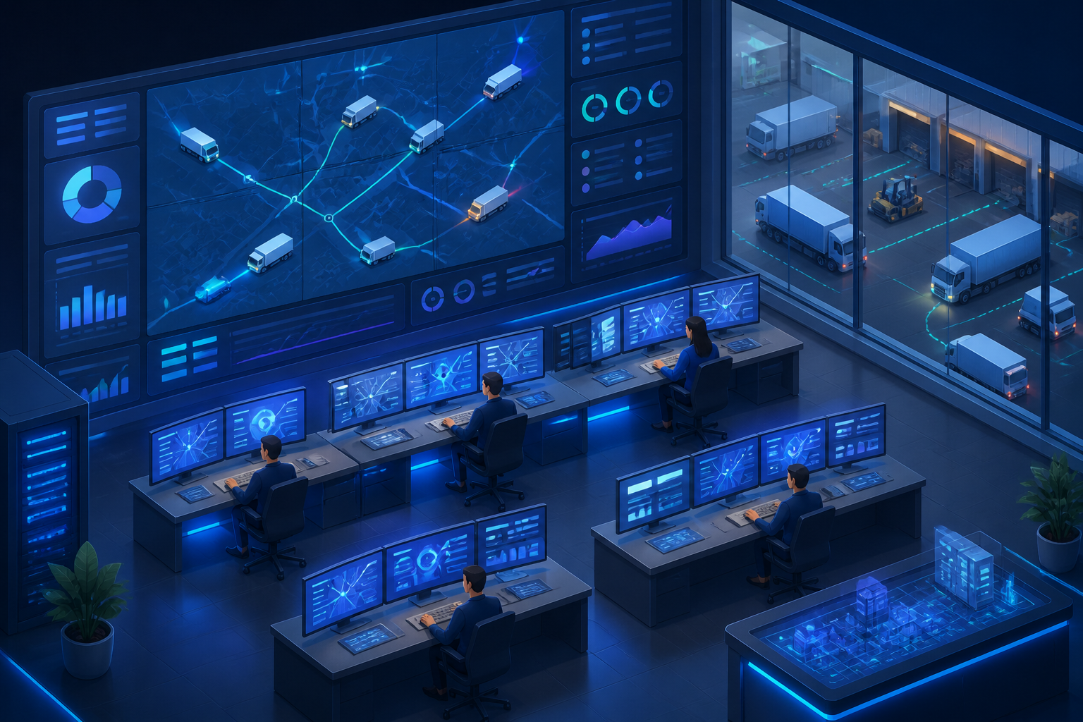Isometric illustration of a logistics control room with operators viewing real-time truck movements and data on abstract maps.