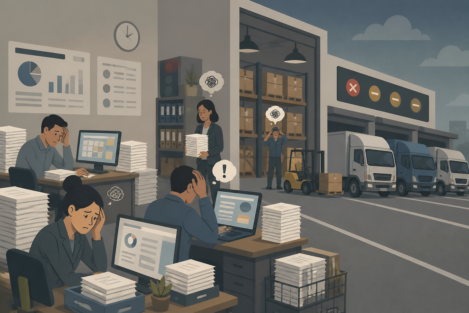 Flat vector scene of stressed workers, paperwork piles, and trucks waiting at a loading dock, illustrating operational bottlenecks.