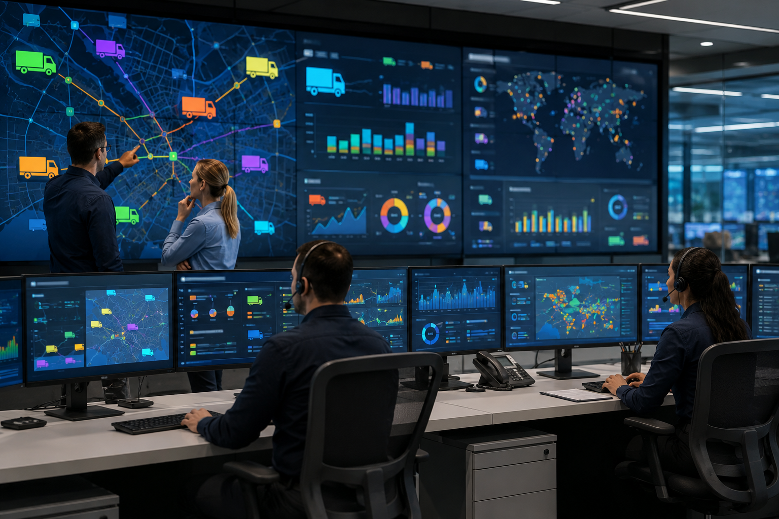 A modern logistics control room with operators viewing digital dashboards showing abstract transport data and vehicle icons.