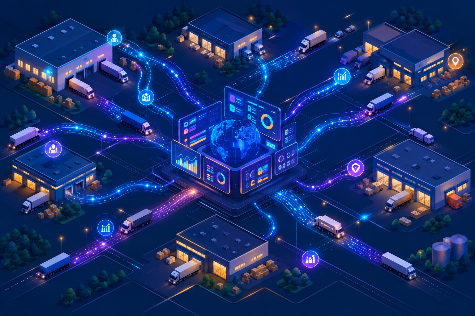 Isometric illustration of trucks moving between warehouses connected by glowing data lines, symbolizing operational visibility in transport.