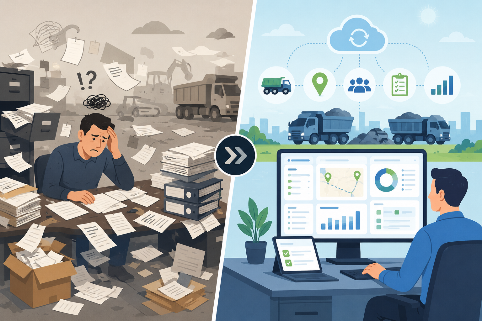 Split-screen vector showing chaotic manual haulage management on one side and streamlined data-driven workflow on the other.