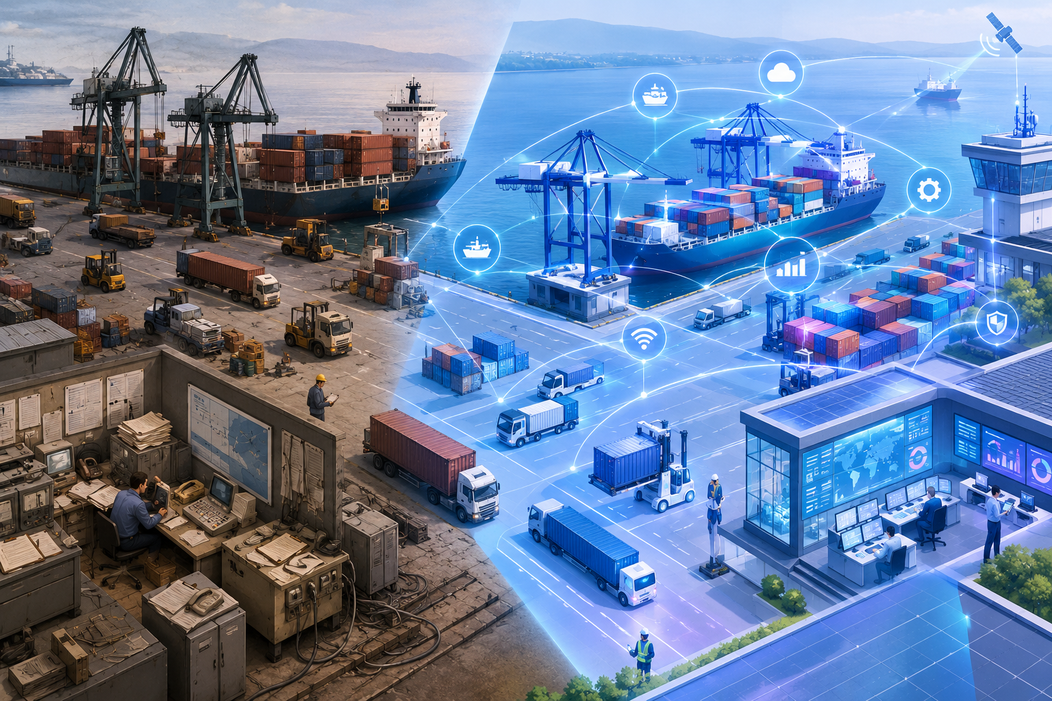 An isometric illustration of a port terminal transitioning from legacy analog systems to modern digital infrastructure, with containers and digital connections symbolizing transformation.