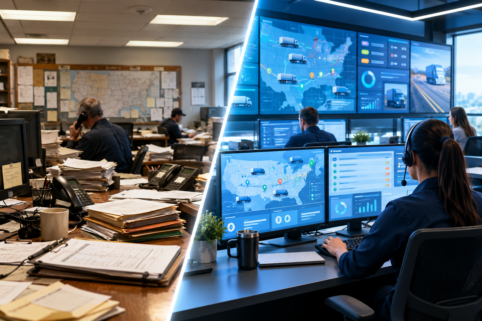A logistics control room split between manual paperwork and a modern digital dispatch system, with people working and transport trucks shown on screens.