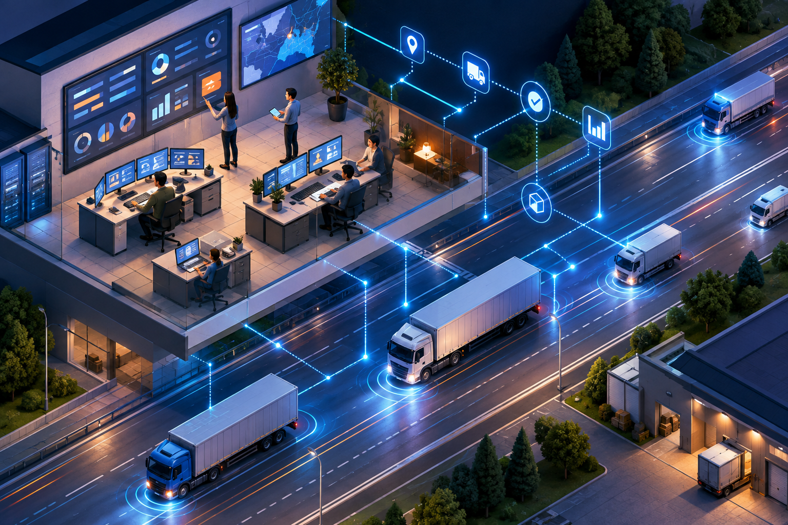 Isometric illustration showing an office digitally connected to trucks on a highway, symbolizing unified transport coordination.