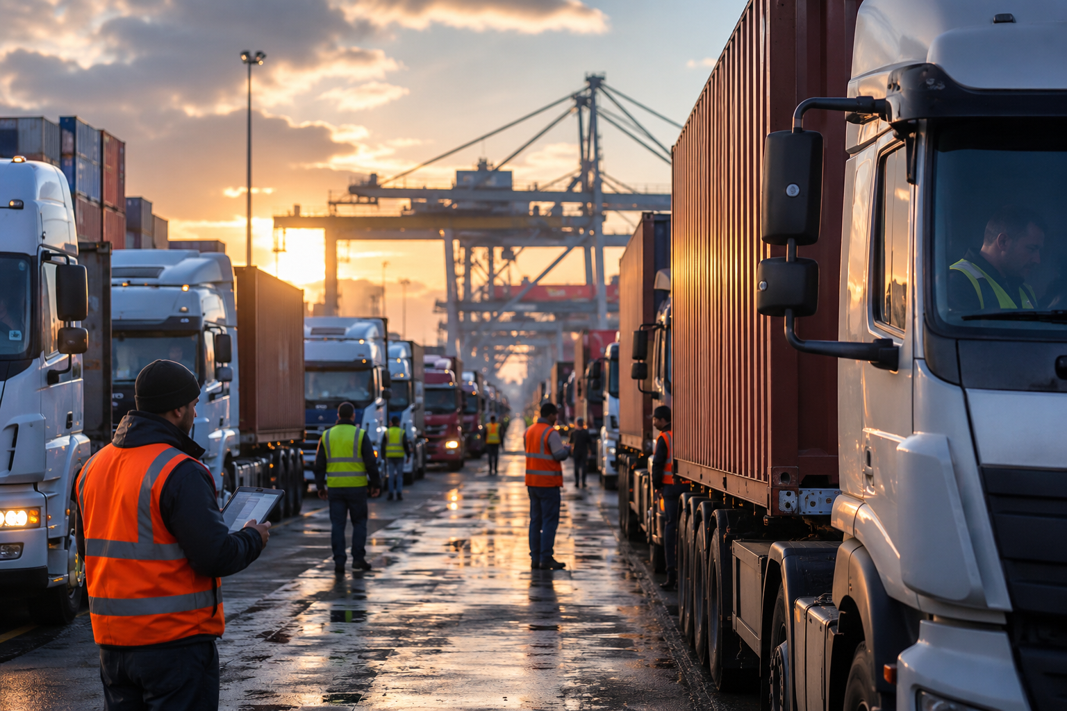 A busy freight terminal at dawn with trucks lined up and drivers preparing for work, conveying readiness and activity.