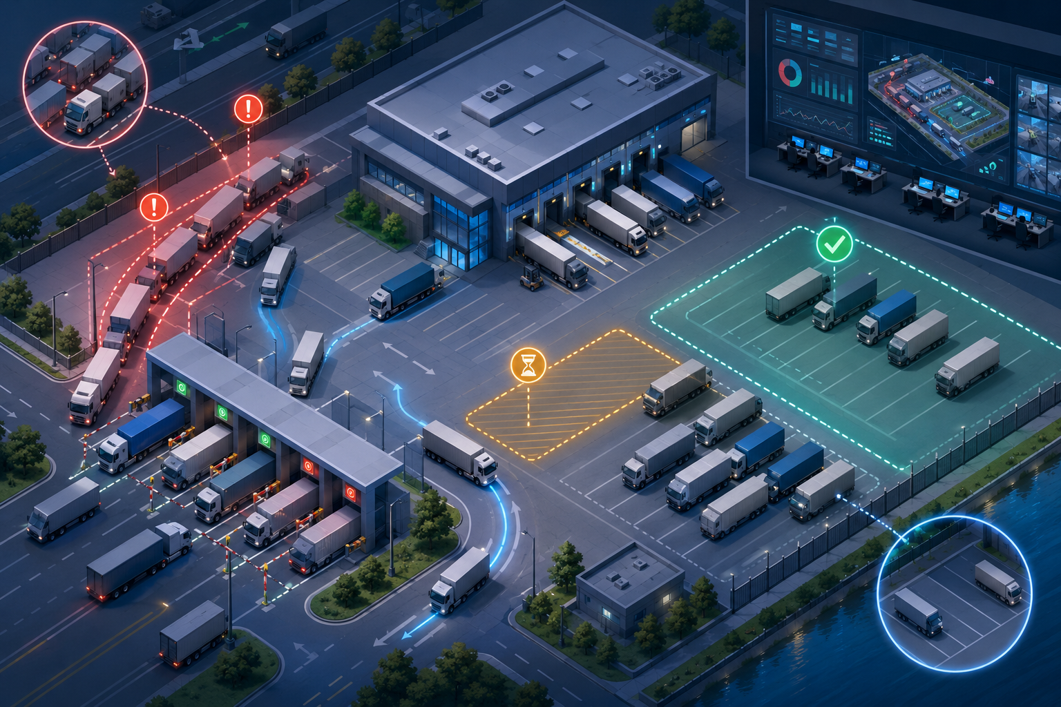 Isometric illustration of a terminal with trucks waiting and moving, visually highlighting areas where driver downtime occurs.