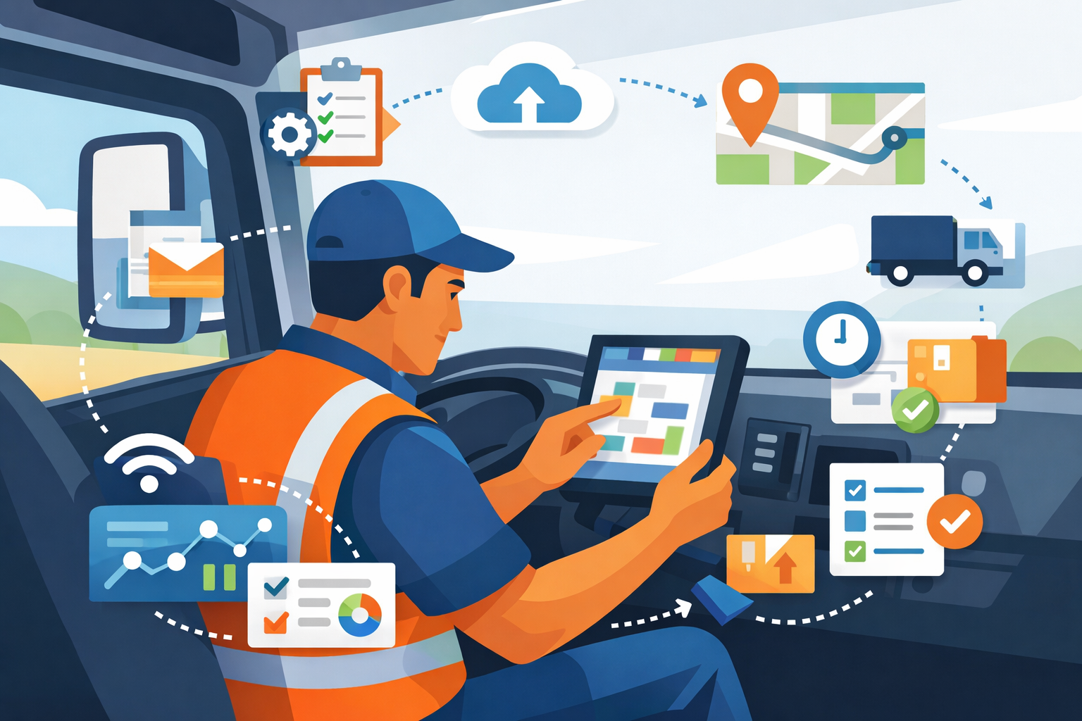 Flat vector image of a truck driver in the cab using a tablet, with digital icons representing workflow optimization and connectivity.