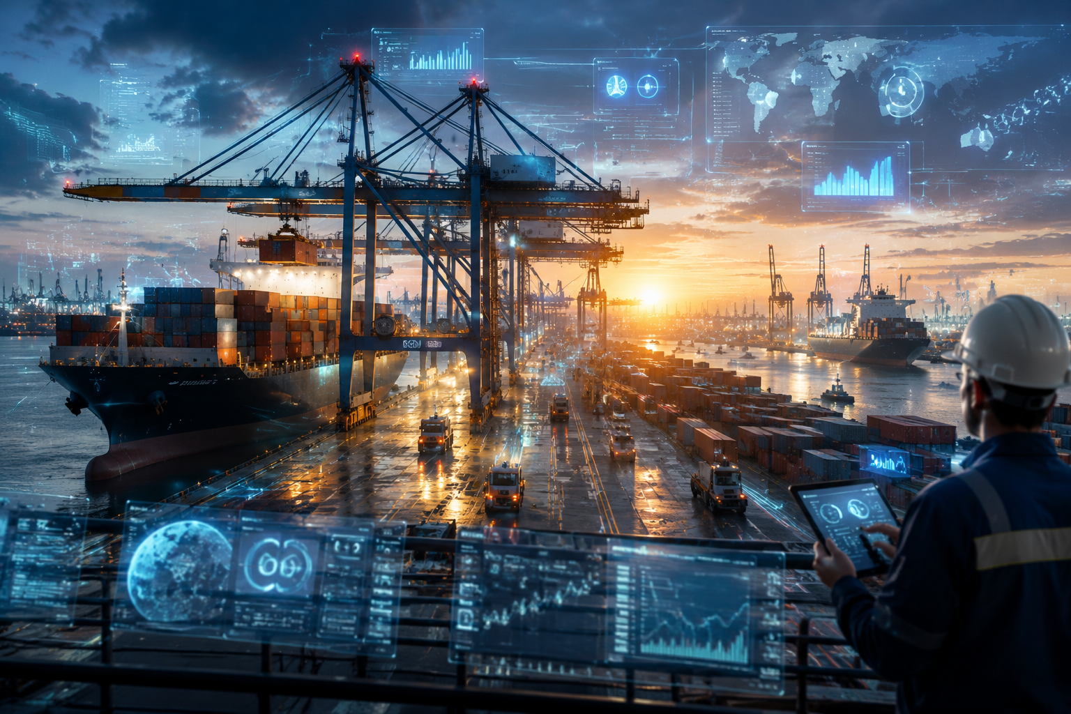 A modern port at sunrise with cargo ships, cranes, and digital overlays representing compliance technology.