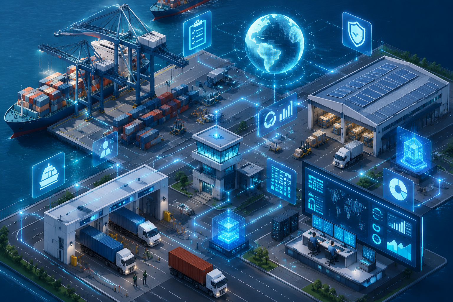 Isometric illustration of a port with terminals, customs, and digital data flows representing compliance trends.