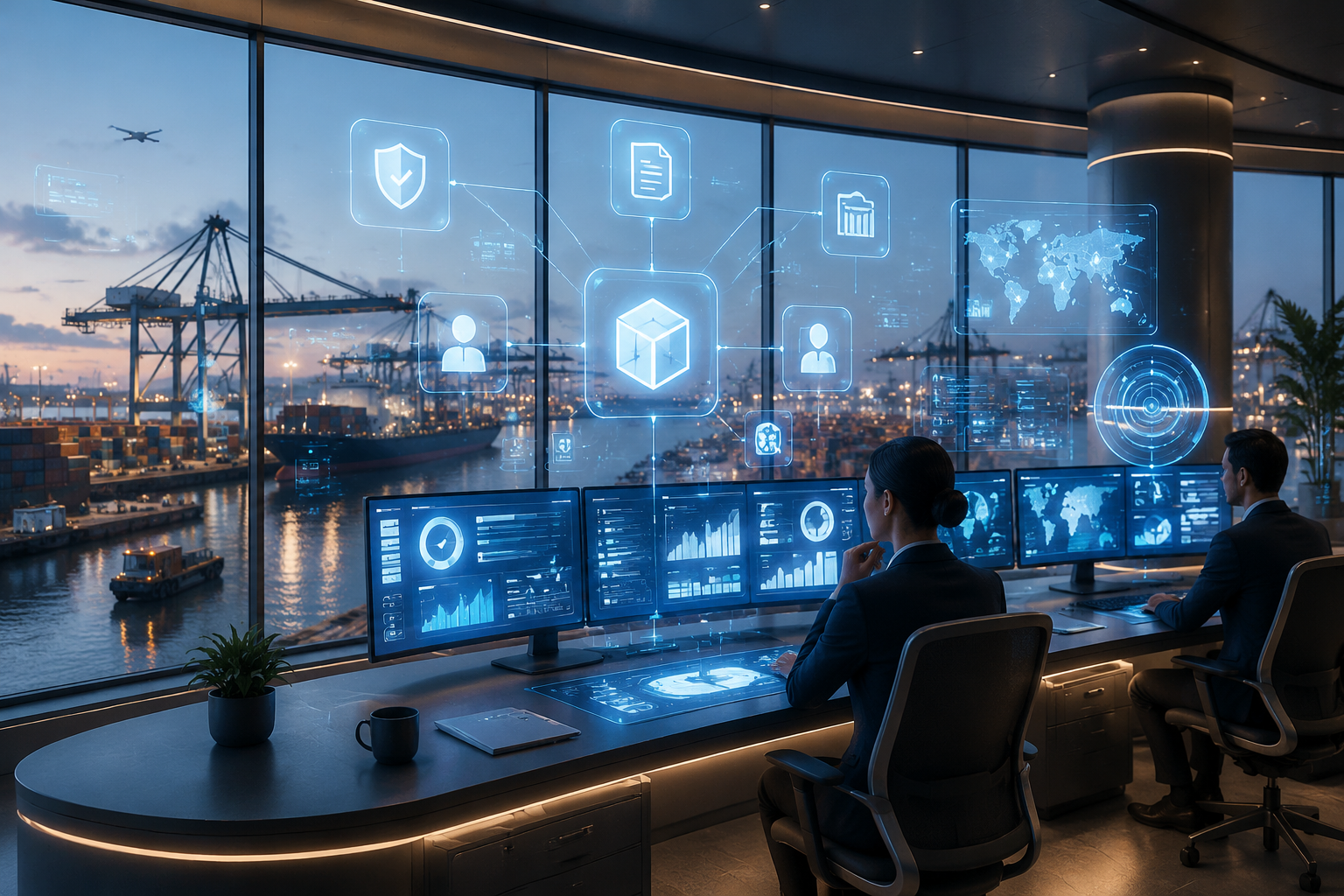 3D render of a control room with digital dashboards and a view of port operations, illustrating tech-driven compliance workflows.