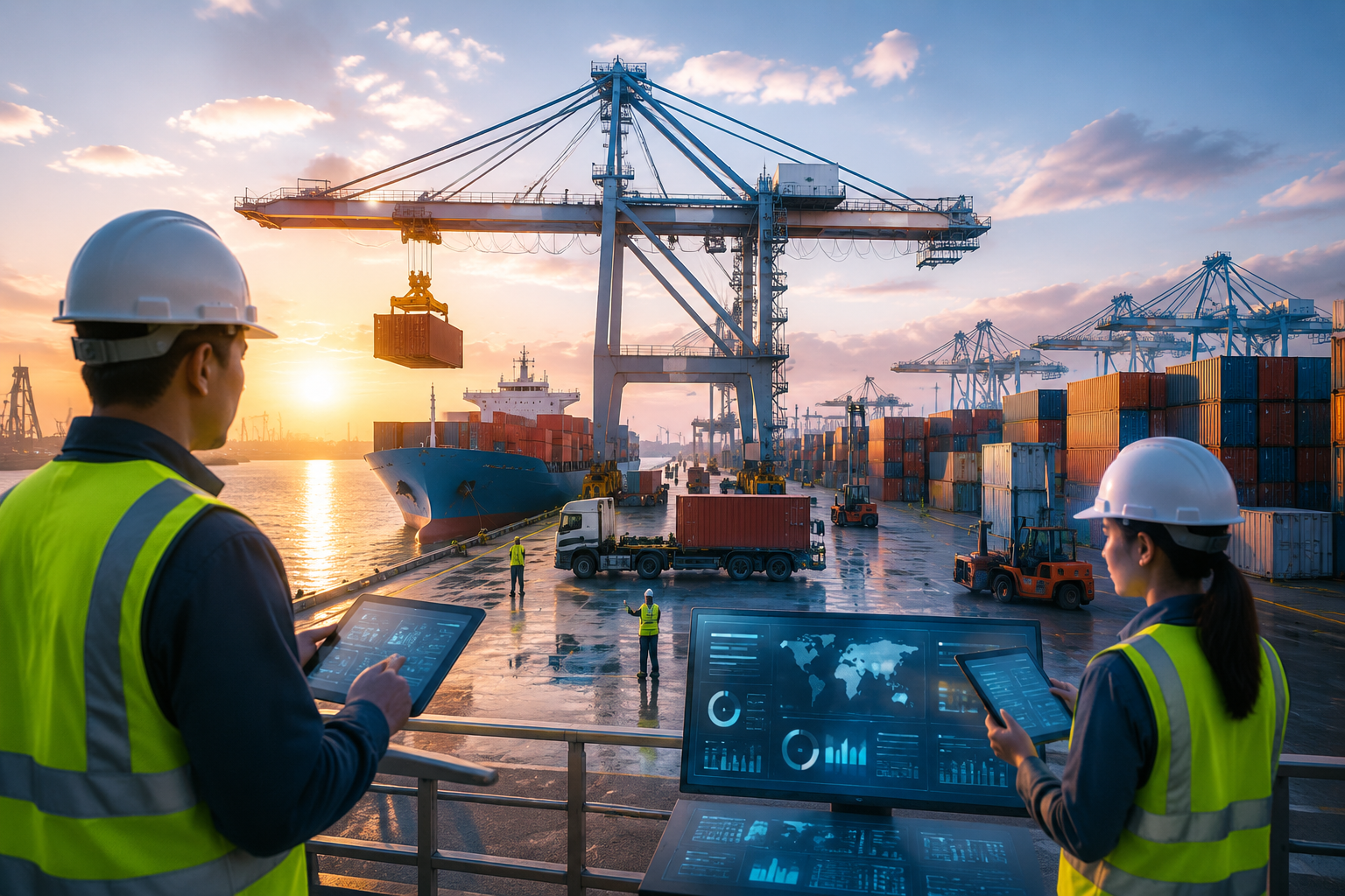A vibrant cargo terminal with cranes, containers, and workers using digital devices, illustrating efficient and modern operations.