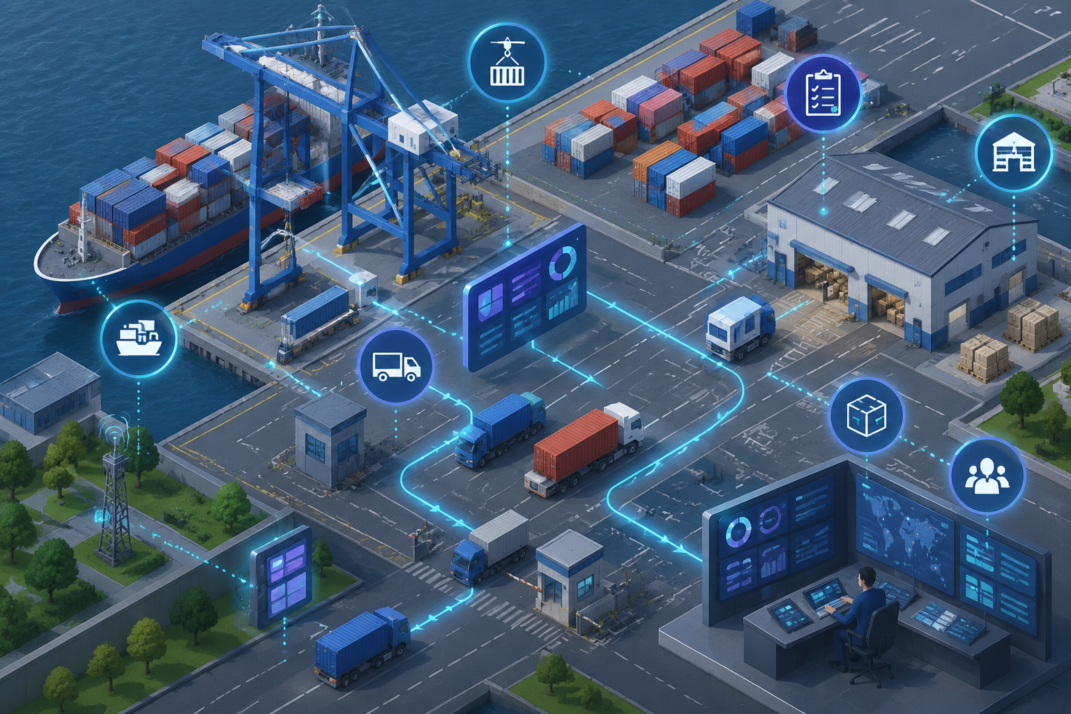 Isometric illustration of a terminal with digital workflow connections between equipment and zones, symbolizing streamlined operations.