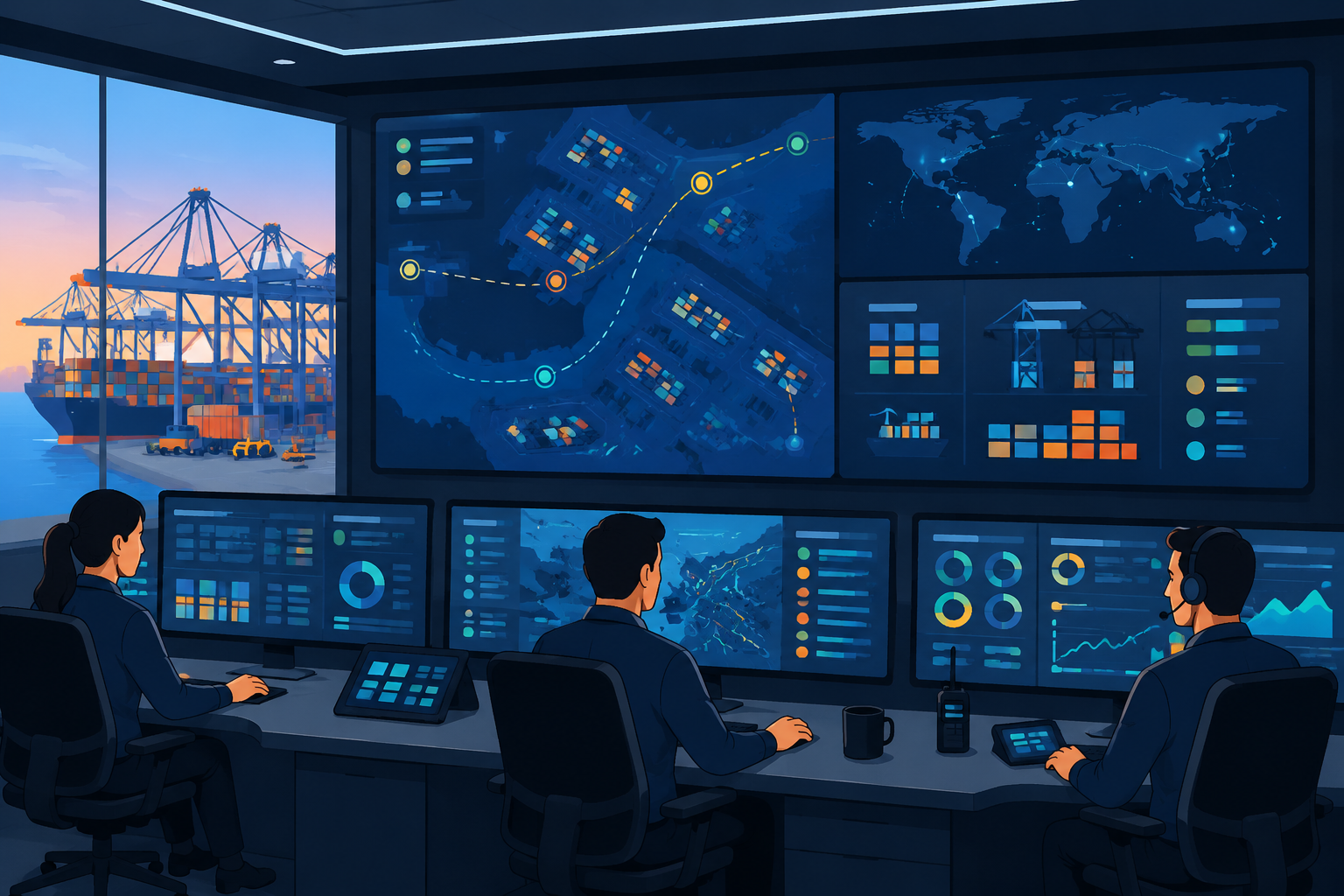 Flat vector image of a control room with operators viewing digital screens displaying real-time terminal updates, highlighting efficient communication.