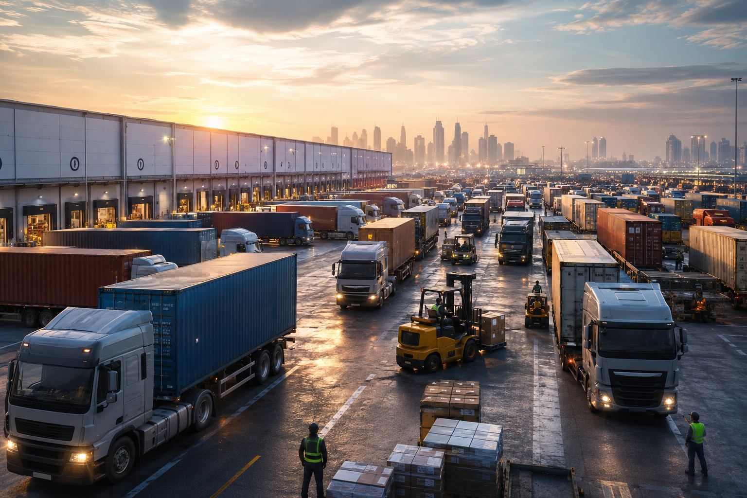 A busy logistics hub with trucks and containers congested around a warehouse, illustrating operational bottlenecks.