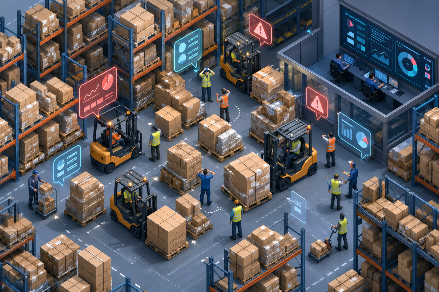 Isometric view of a warehouse interior with crowded aisles and busy workers, highlighting operational stress caused by congestion.