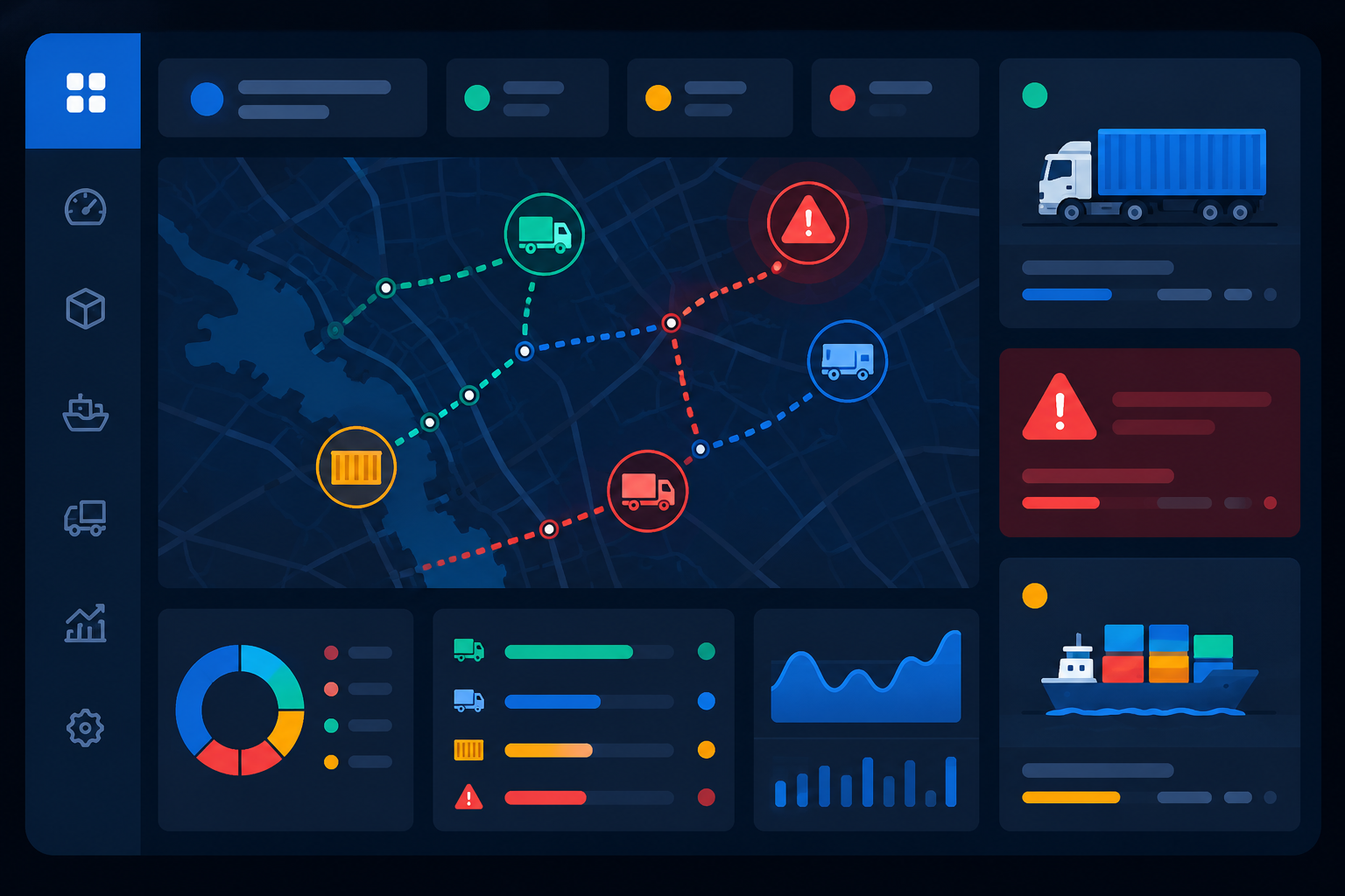 Minimalist flat vector showing an abstract dashboard with truck, container, and alert icons, representing real-time visibility in logistics.