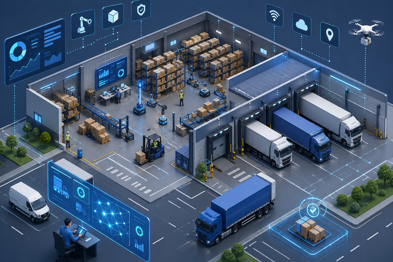 Isometric illustration of a warehouse with loading docks, technology icons, and transport vehicles, highlighting efficiency and coordination.