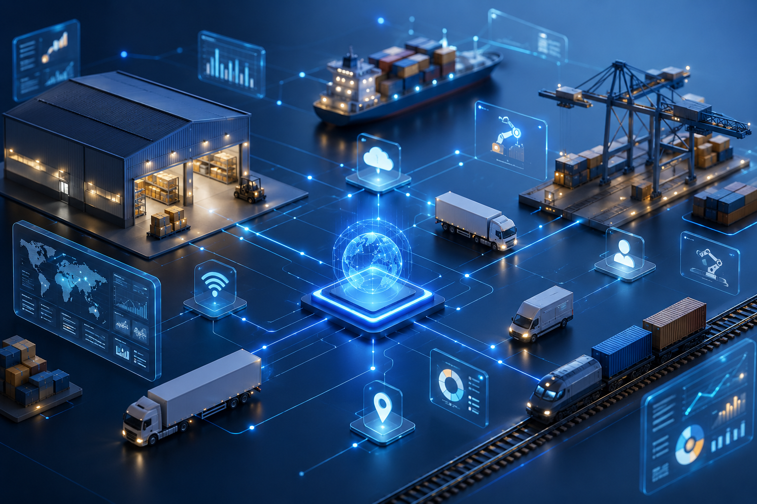 3D render of abstract warehouse and transport elements connected by glowing digital lines, representing integrated technology in warehouse operations.