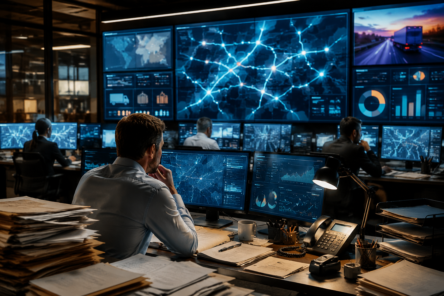 A busy logistics control room with managers balancing digital transport screens and stacks of paperwork, highlighting the tension between manual and digital processes.
