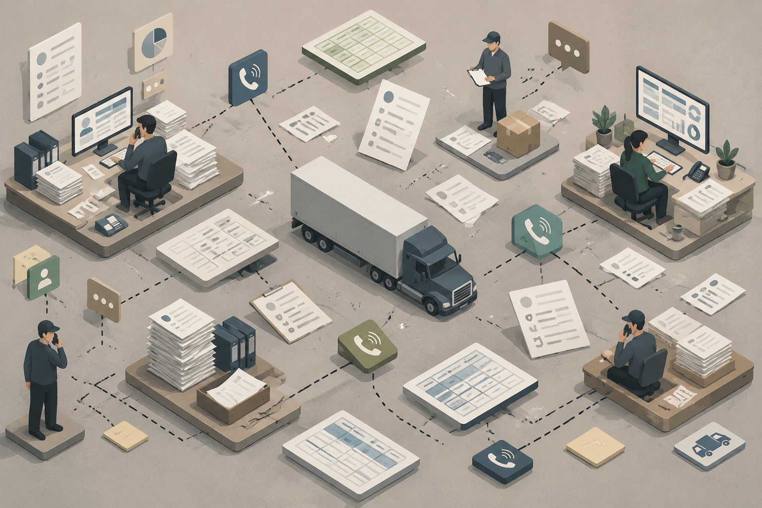 Isometric illustration showing fragmented manual processes in transport, with paper forms, phone icons, and isolated spreadsheets symbolizing inefficiency.