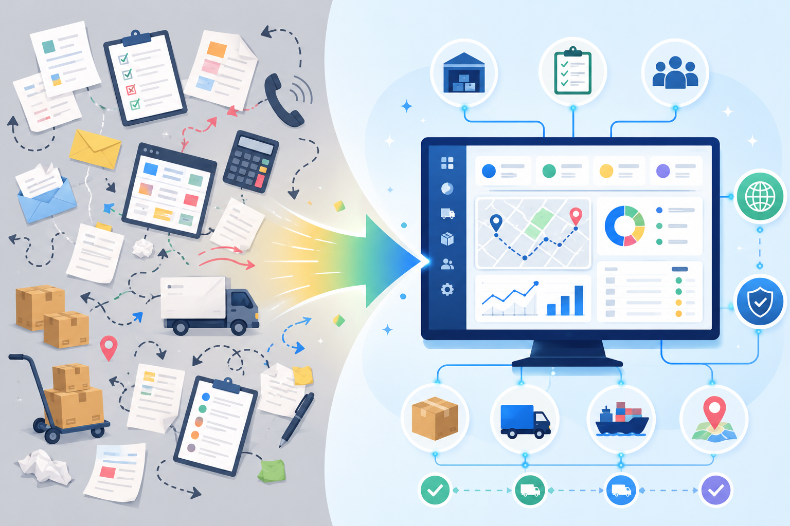 Flat vector illustration comparing chaotic manual processes with a streamlined digital transport order management system, using arrows to show transformation.