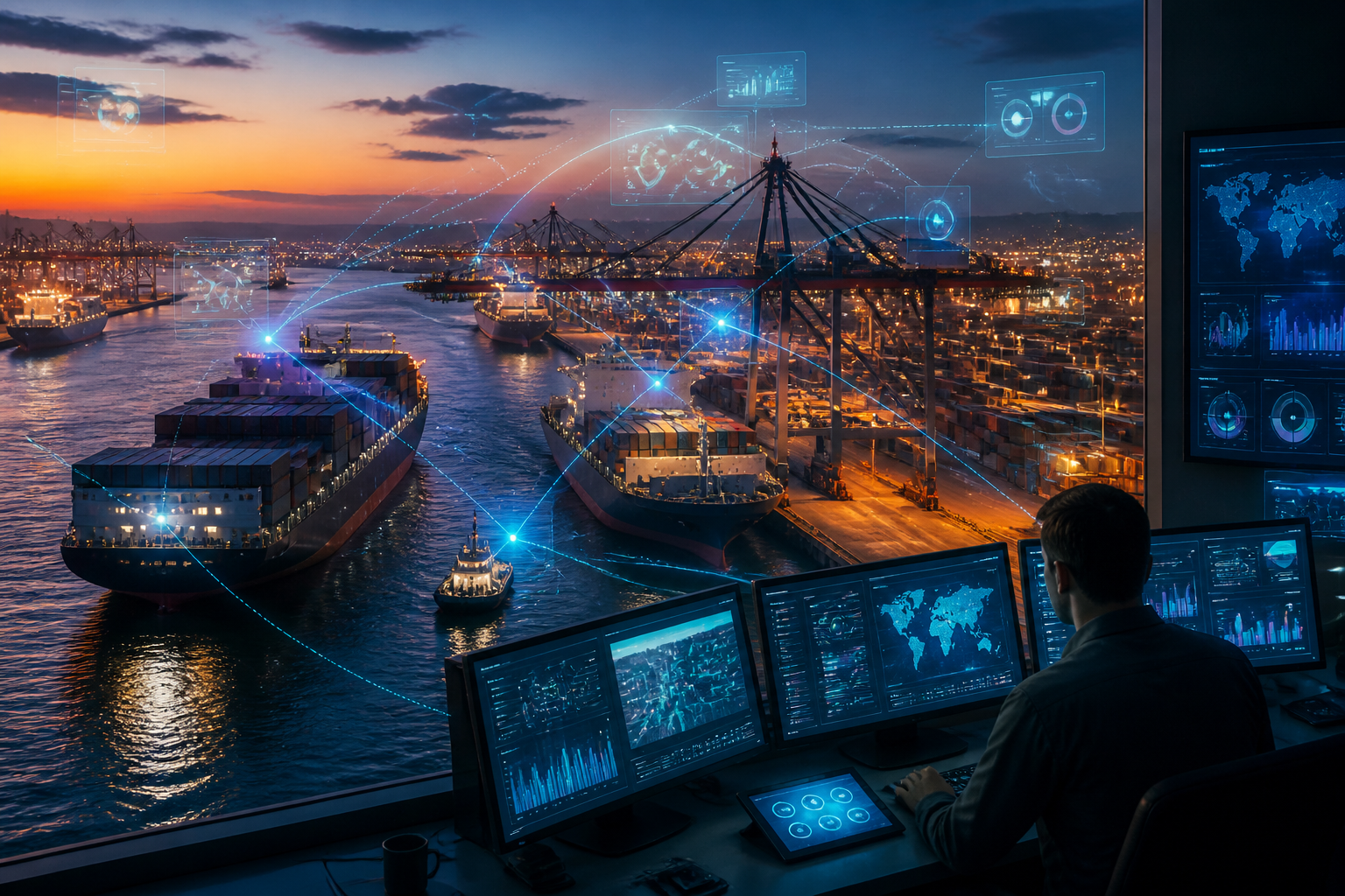 A container port at dusk with digital data overlays connecting ships, cranes, and a control room, symbolizing the integration of real-time data in port finance.