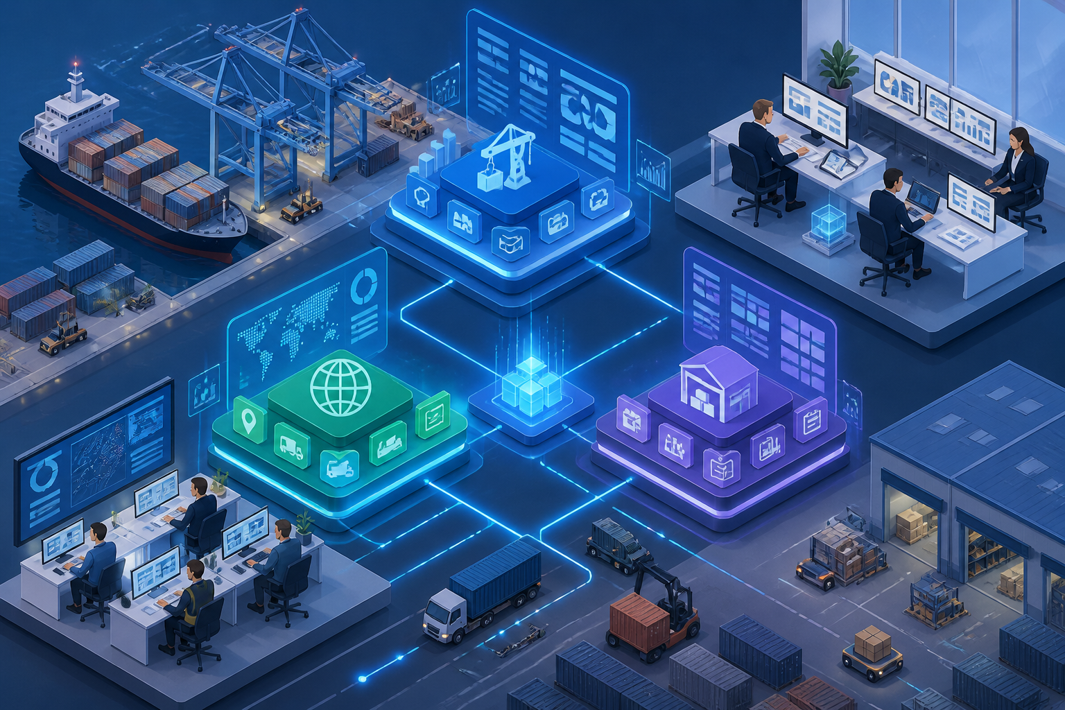 Isometric illustration of finance and operations teams connected by digital platforms representing integrated port systems, with stylized port elements.