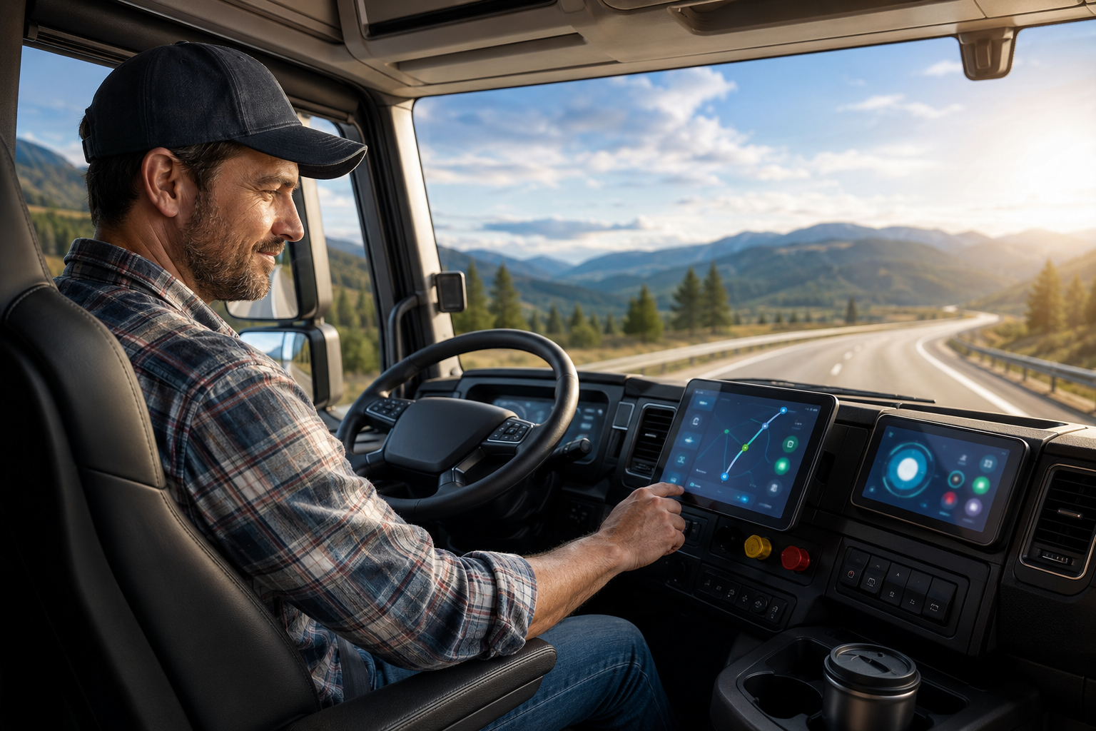A calm truck driver in a modern vehicle cab looks at a digital device, illustrating reduced stress through technology.