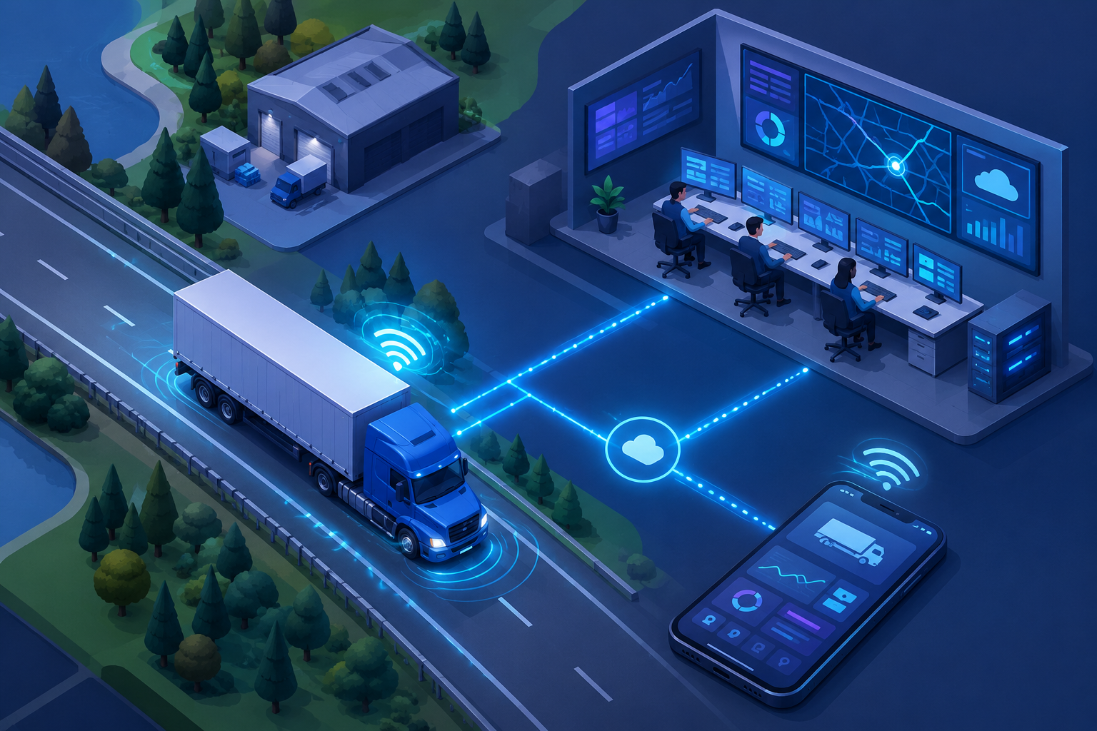 Isometric illustration of a truck connected by digital signals to a dispatch center and mobile device, symbolizing real-time communication.