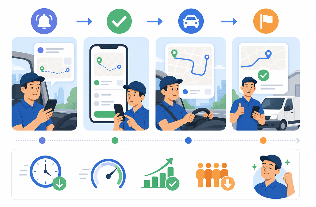 Flat vector image showing a driver managing orders efficiently with time-saving icons, representing reduced waiting times.