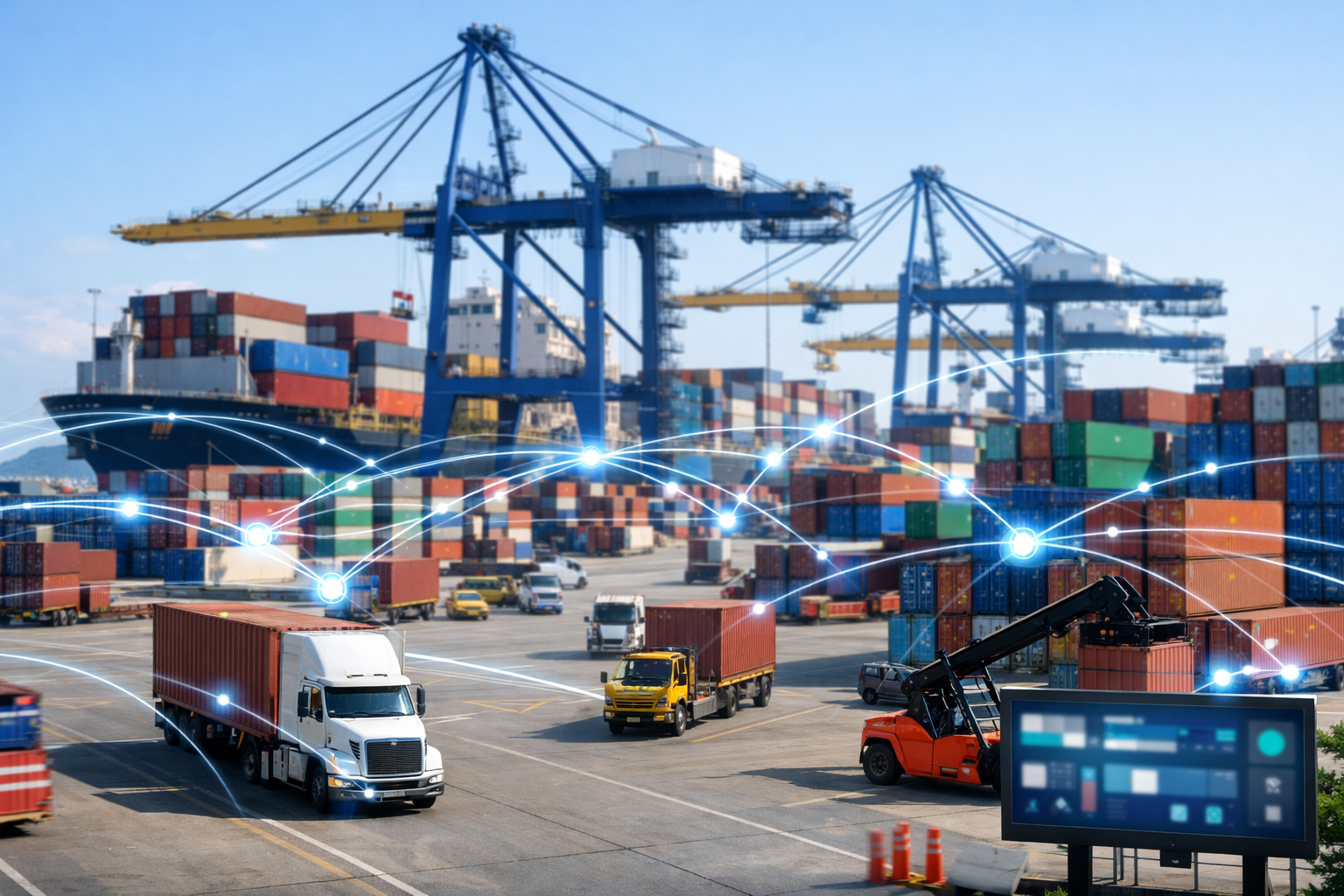 A modern port terminal with cranes, containers, and vehicles, overlaid by digital network lines symbolizing real-time operational visibility.