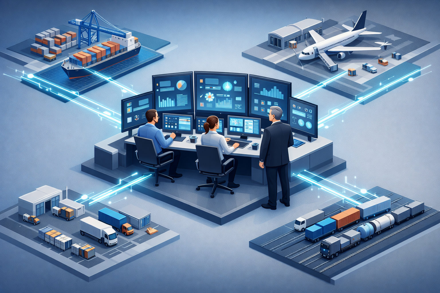 Isometric view of a terminal control room with managers monitoring abstract dashboards, digitally connected to different terminal zones.