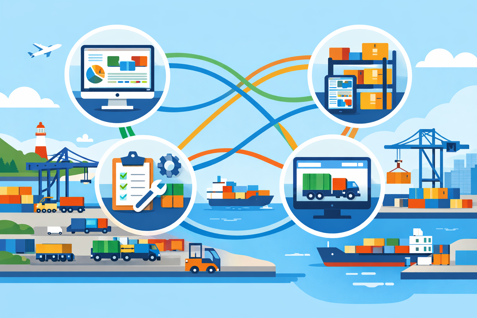 Flat vector map of a port terminal ecosystem with interconnected icons for management systems linked by flowing lines.