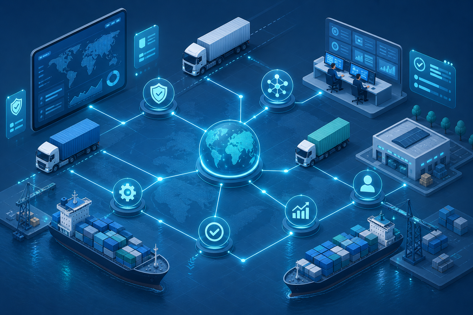 Isometric illustration of interconnected trucks and ships with digital data flows and compliance icons, representing integrated transport systems.