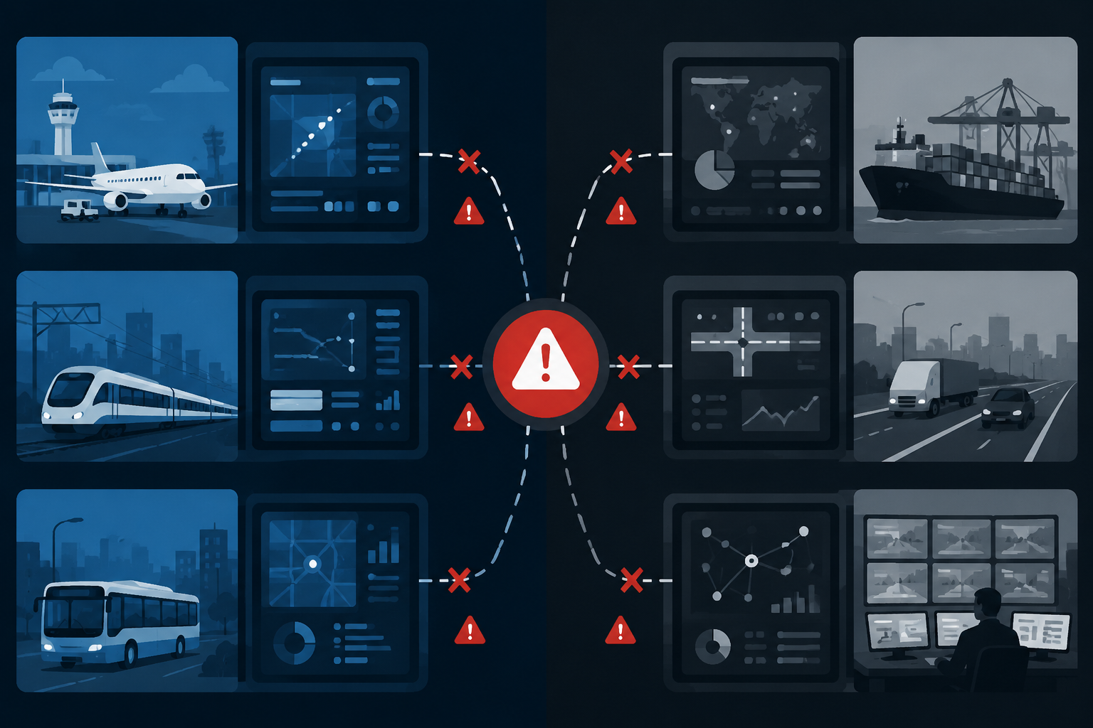 Flat vector image of fragmented transport systems with broken connections and risk icons, illustrating the risks of disconnected operations.