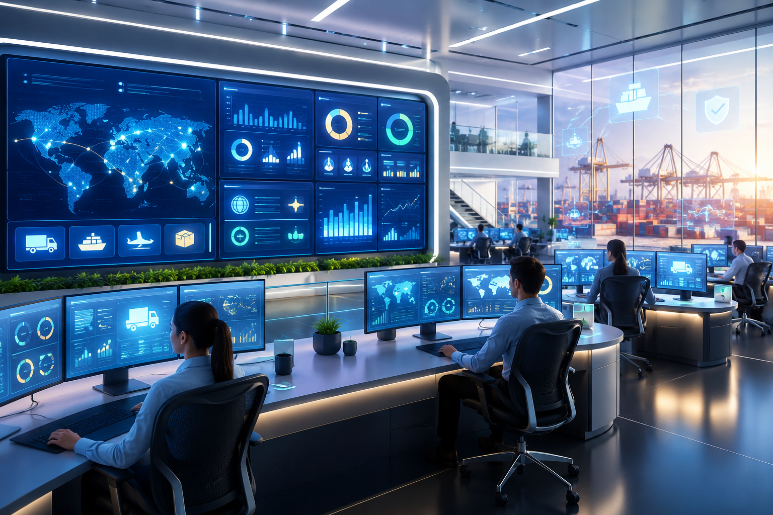 3D-rendered logistics control room with operators, digital dashboards, and real-time data visualizations, representing scalable compliance management.