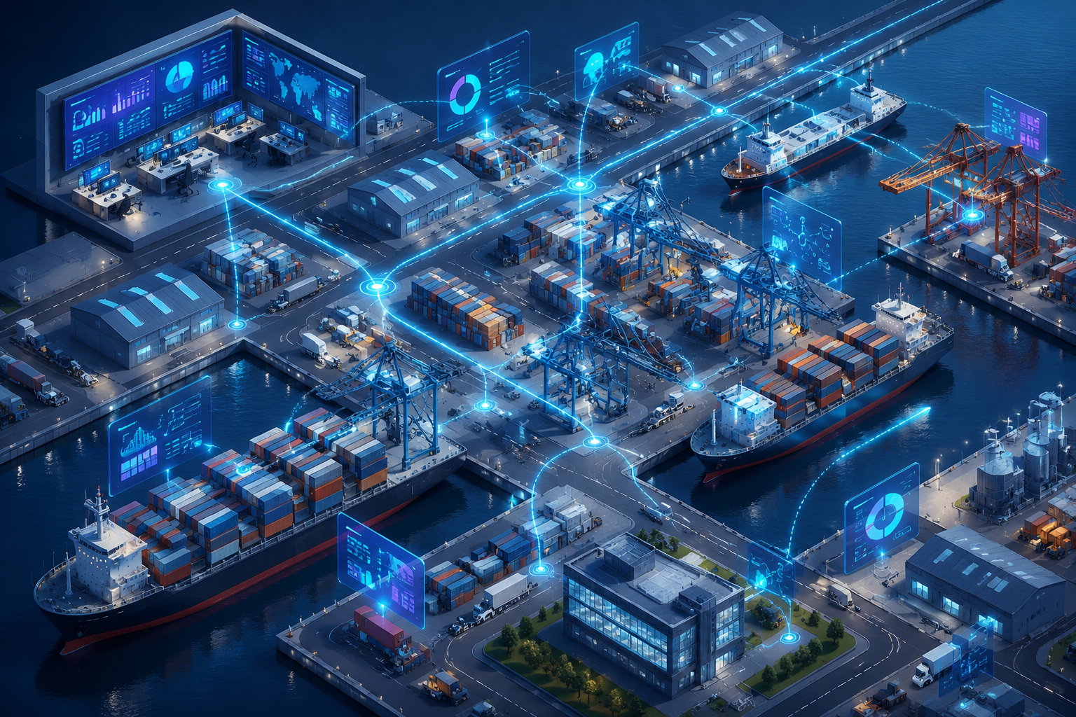 Isometric illustration of a modern port with multiple terminals, cargo ships, and digital lines showing interconnected operations.